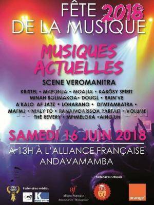 Fête de la musique scêne veromanitra AFT - Alliance Française d'Antananarivo Kristel, Mafonja, Moajia, Kabôsy Spirit, Minah, Dougl, Rain'Ve, A'Kalo, AF Jazz, Ny Loharano, Di'MTambatra, Mafmj, Nialy To, Parfait Ranaivosoa, The Revery, Mpimeloka, Aing'Uh