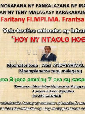 Abel Andriarimalala - Velan-kevitra :" hoy ny Ntaolo hoe" - Foyer Malagasy de Cachan