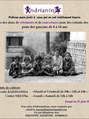 Pour des garçons de 8 à 14 ans
Points de collecte :
Buvette RARIHASINA le Mardi et Vendredi de 1
