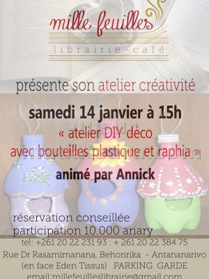 Atelier DIY déco avec bouteilles plastique et raphia animé par Annick - Mille feuilles Librairie Café Behoririka‍