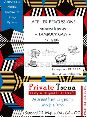 Atelier percussions animé par le groupe Tambour gasy au QG Fiadanana