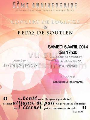 Concert de Louange et repas de soutien animé par Hantatiana à la Paroisse de la maladière Neuchâ