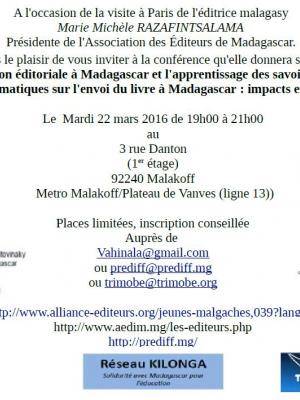 Conférence La question éditoriale à Madagascar et l'apprentissage des savoirs de base par Marie Michèle RAZAFINTSALAMA à Malakoff