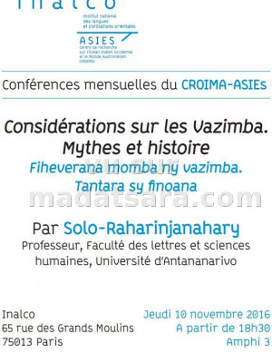 Considérations sur les Vazimba - mythes et histoire - par Solo-Raharinjanahary - Inalco‍