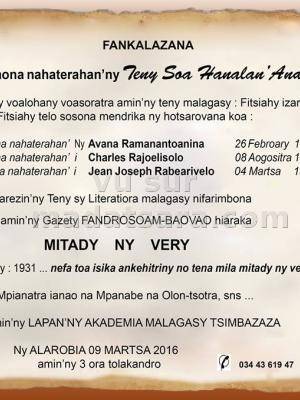 Fankalazana ny faha 150 taona nahaterahan'ny Teny Soa Hanalan'Andro eny amin'ny Lapan'ny Akademia Malagasy Tsimbazaza