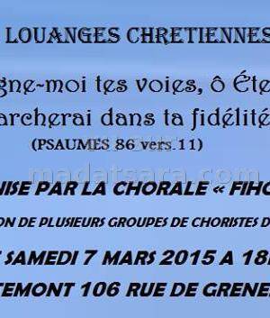 Invitation aux louanges chrétiennes oecuméniques organisées par la chorale Fihobiana à l'ERF Pen