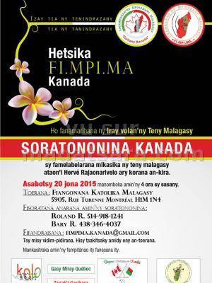 Soratononina Kanada Hetsika FI.MPI.MA Kanada ho fanamarihana ny iray volan'ny teny Malagasy Fiangonana Katolika Malagasy Montréal