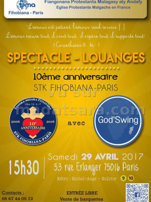 Spectacle louanges 10ème anniversaire STk Fihobiana Paris avec God Swing‍ -